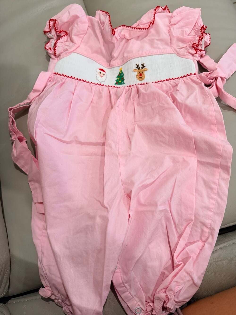 Classic Whimsy Smocked Christmas Romper Size 12M Pink Santa Reindeer